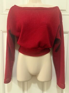 SHEIN Cropped Waffle Knit Sweater- Red, XS